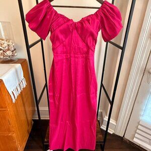 Abercrombie & Fitch Off-Shoulder Puff Sleeve Satin Dress – Hot Pink – Size M
